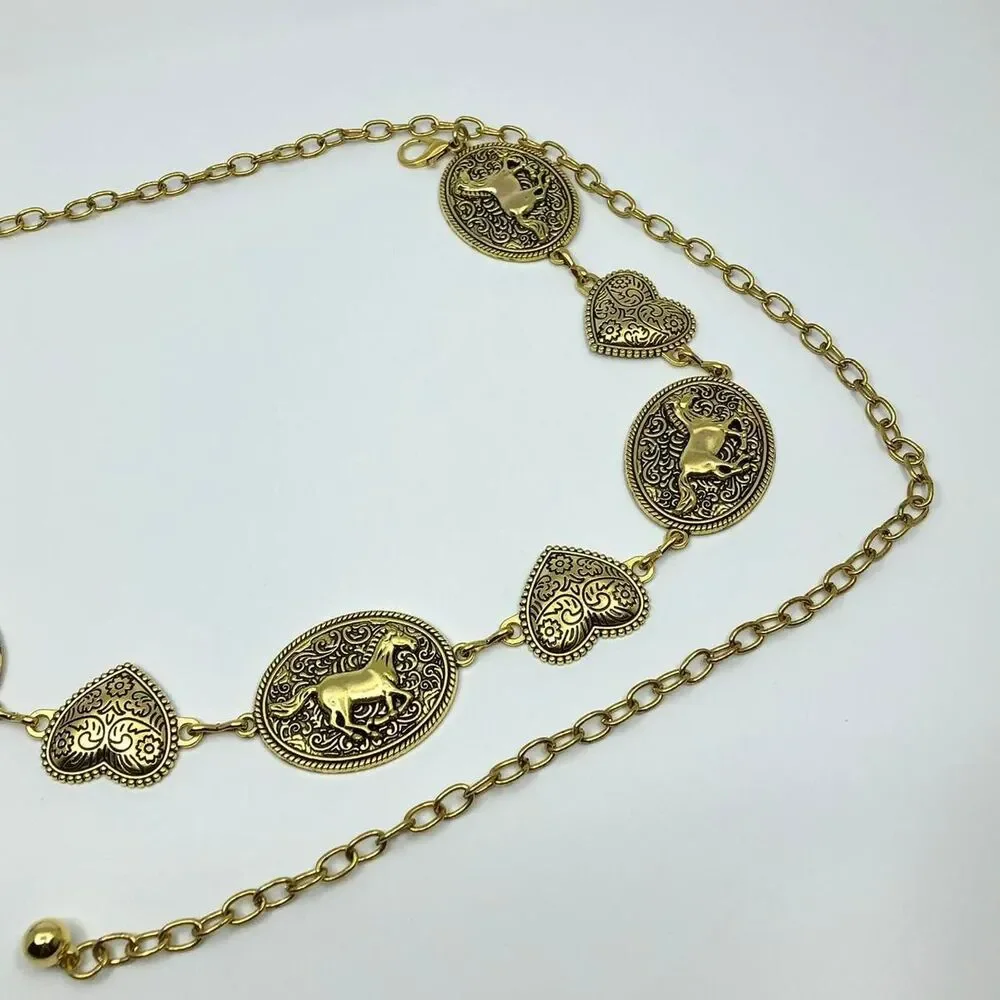 Y2K Boho Gold Horse Heart Medallion Chain Belt, Fits 24–47 Inches, X7GA1175